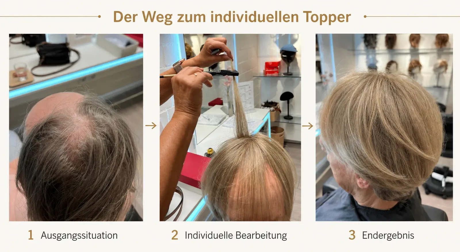 Vorher-Nachher eines Toppers in drei Schritten: schütteres Deckhaar als Ausgangssituation, individuelle Anpassung des Toppers und das natürliche Endergebnis mit vollem Haar bei BRÜHL Haarsysteme