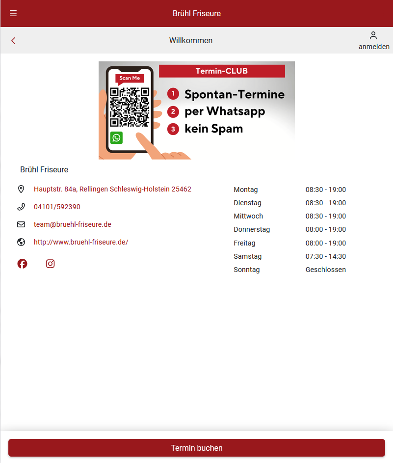 Startseite des Buchungssystems mit Button „Termin buchen" am unteren Rand