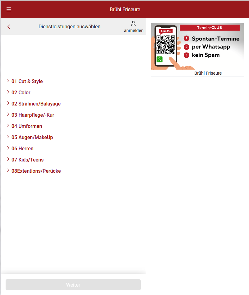 Liste der Dienstleistungen mit dem Eintrag „08 Extensions/Perücke" am unteren Ende