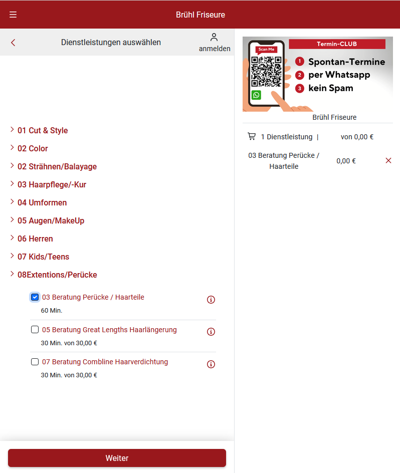 Unterkategorie „08 Extensions/Perücke" geöffnet, mit Häkchen bei „03 Beratung Perücke / Haarteile"
