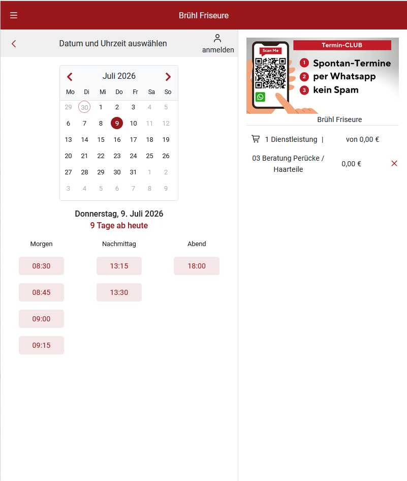 Kalenderansicht mit verfügbaren Terminslots